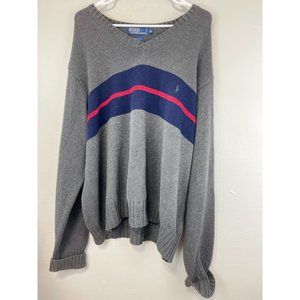 Men's Polo Ralph Lauren XXL Knit Sweater V-neck Stripe Blue Red Grey L/S